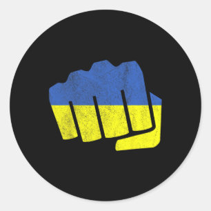 Oekraïense Vlag Vuist. Blijf Sterk Oekraïne. Blauw Ronde Sticker