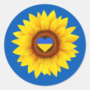 Oekraïnse vlag, zonnebloem en hart (blauw en geel) ronde sticker