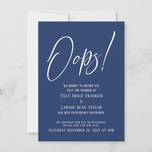 Oeps! Funny Delayed Wedding Simple Navy Card Kaart (Voorkant)