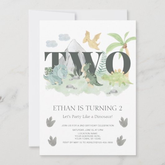 Oerwoud 2e Verjaardag Waterverf Dinosaur Party Kaart (Voorkant)