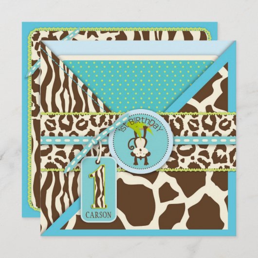 Oerwoud aap eerste verjaardag uitnodiging blauw (Voorkant / Achterkant)