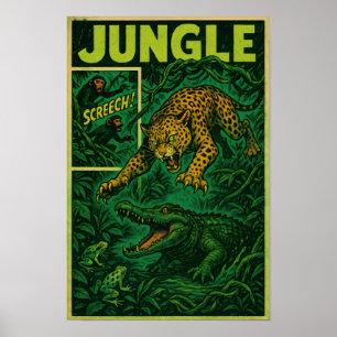 Oerwoud Ambush – Jaguar vs Alligator Retro Comic Poster