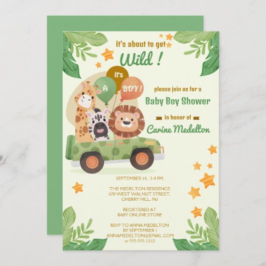 Oerwoud Animal Safari Baby shower Kaart (Voorkant / Achterkant)