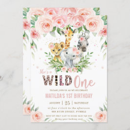 Oerwoud Animal Safari Roze Floral 1e verjaardag Kaart