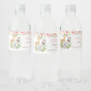 Oerwoud Animal Safari Roze Floral Girl Baby shower Waterfles Etiket