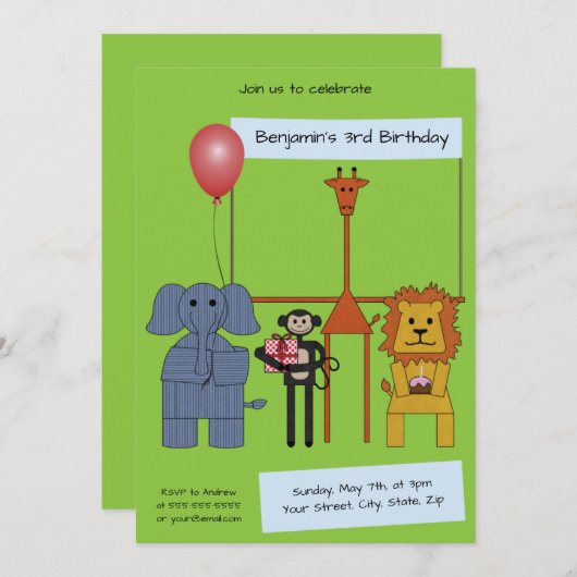 Oerwoud Animals Verjaardagsfeestuitnodiging - |Nr. Kaart (Voorkant / Achterkant)