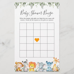 Oerwoud Dieren Baby shower Bingo Game