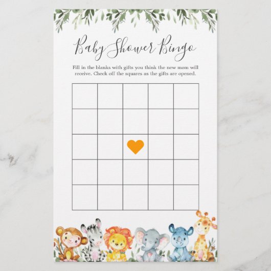 Oerwoud Dieren Baby shower Bingo Game (Voorkant)