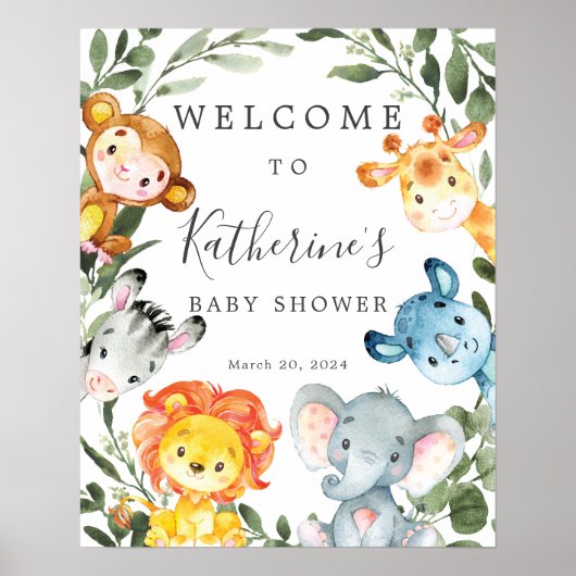 Oerwoud Dieren Baby shower Welkomstteken Poster (Voorkant)