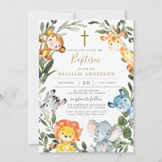 Oerwoud dieren Baptism/Christening uitnodiging (Voorkant)