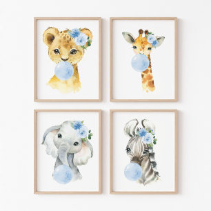 Oerwoud dieren, Blue Bubble Gum, Meisje Kwekerij Muurkunst Sets