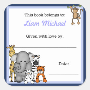 Oerwoud Dieren Boek Bord Blauw Jongen BOOKPLATE Vierkante Sticker