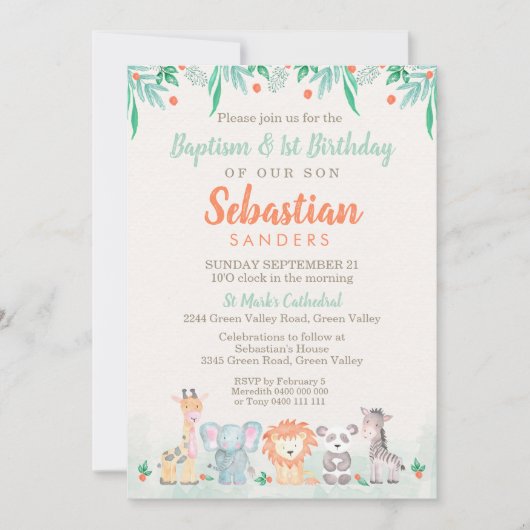 Oerwoud Dieren Doop 1e Verjaardagsuitnodiging Kaart (Voorkant)