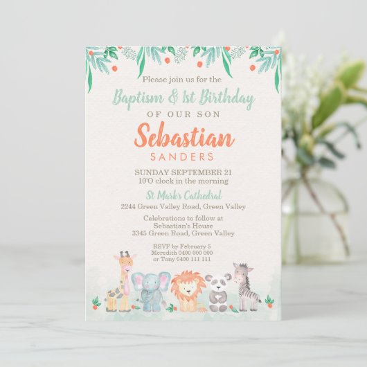 Oerwoud Dieren Doop 1e Verjaardagsuitnodiging Kaart (Staand voorkant)