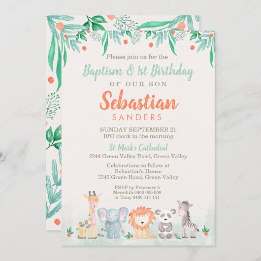 Oerwoud Dieren Doop 1e Verjaardagsuitnodiging Kaart (Voorkant / Achterkant)