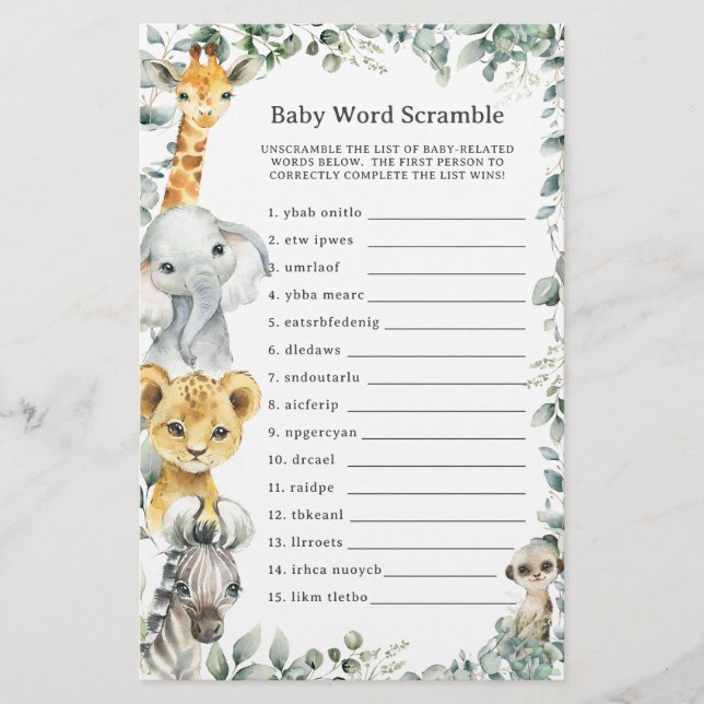 Oerwoud Dieren Greenery Baby Word Scramble spel (Voorkant)