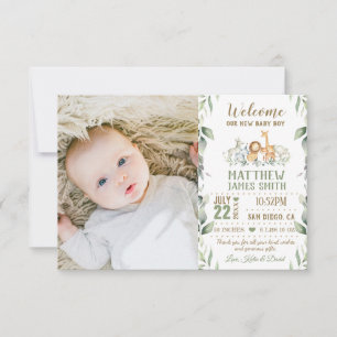 Oerwoud Dieren Greenery New Baby Boy Foto geboorte Aankondiging