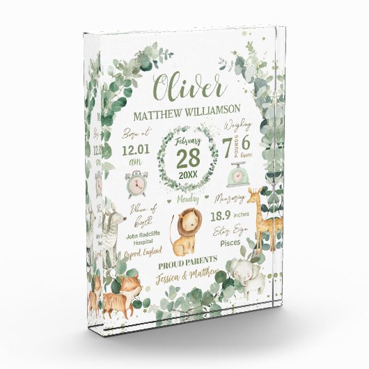 Oerwoud Dieren Groen Baby Geboorte Print Statistie Fotoblokken (Links)