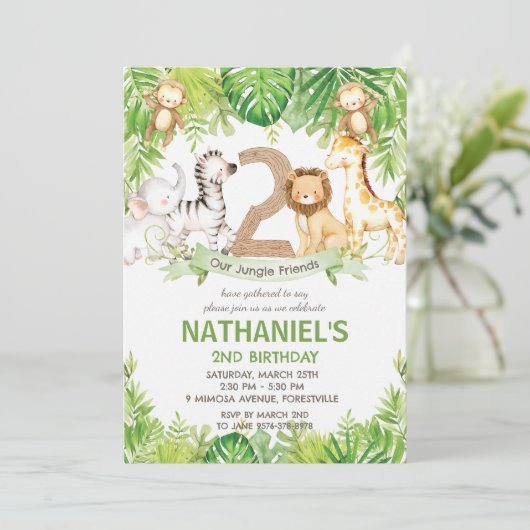 Oerwoud Dieren Groene Safari 2e Verjaardagsfeest Kaart (Staand voorkant)
