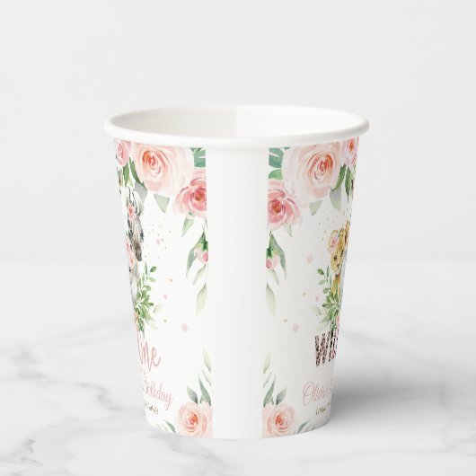 Oerwoud Dieren Roze Bloemen 1e Verjaardag Wild One Papieren Bekers (Links)