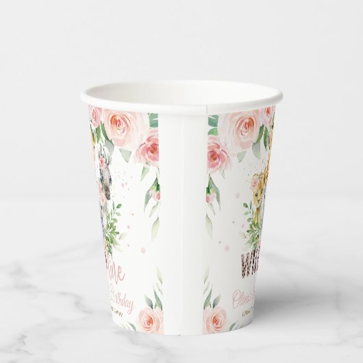 Oerwoud Dieren Roze Bloemen 1e Verjaardag Wild One Papieren Bekers (Rechts)