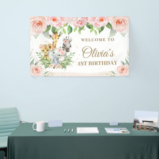 Oerwoud Dieren Safari Blush Pink Floral Backdrop Spandoek (Beurs)