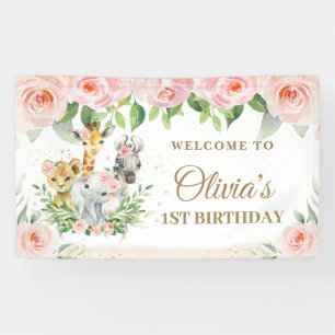 Oerwoud Dieren Safari Blush Pink Floral Backdrop Spandoek