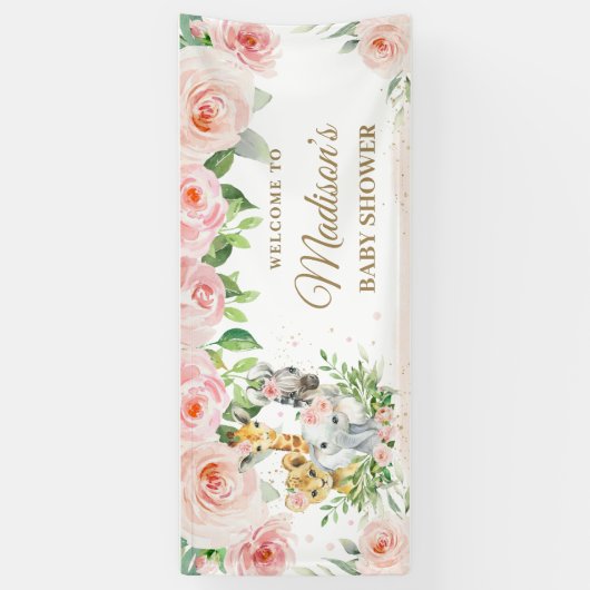 Oerwoud Dieren Safari Blush Pink Floral Backdrop Spandoek (Verticaal)