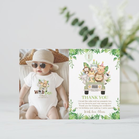 Oerwoud Dieren Safari Car Greenery 1e verjaardag Bedankkaart (Staand voorkant)