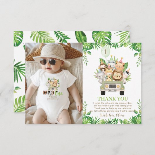 Oerwoud Dieren Safari Car Greenery 1e verjaardag Bedankkaart (Voorkant / Achterkant)
