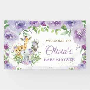 Oerwoud Dieren Safari Paarse Bloemen Achtergrond Spandoek