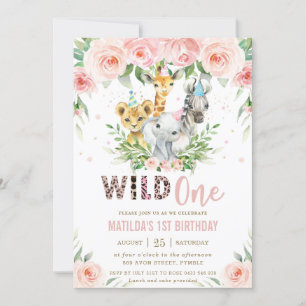 Oerwoud Dieren Safari Roze Floral 1e verjaardag Kaart