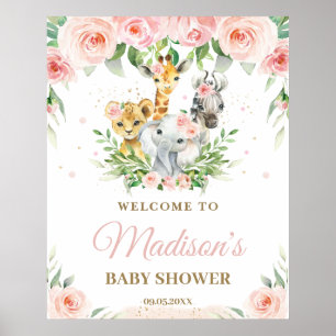 Oerwoud Dieren Safari Roze Floral Baby Welkom Poster