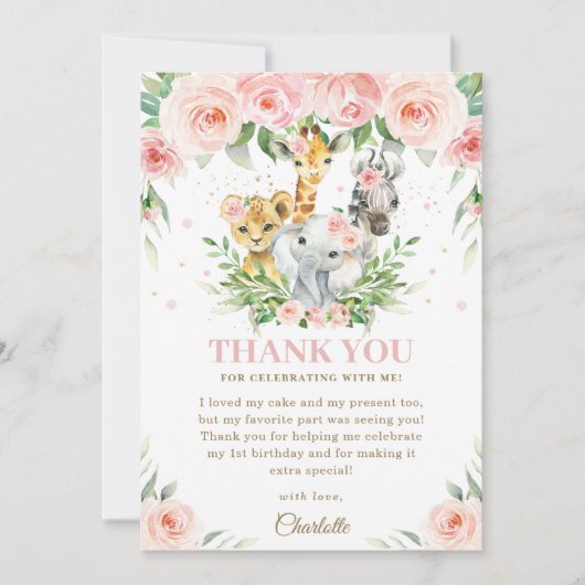 Oerwoud Dierensafari Roze Blush Bloemen Verjaardag Bedankkaart (Voorkant)