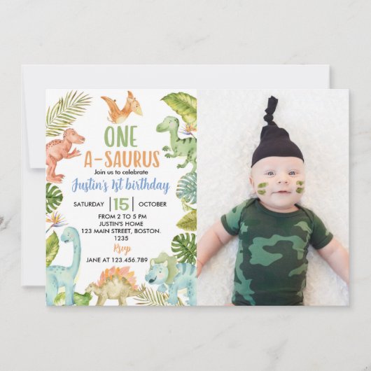 Oerwoud dinosaurussen 1e verjaardagsuitnodiging kaart (Voorkant)