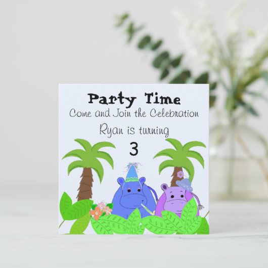 Oerwoud Hippo Birthday Uitnodiging (Staand voorkant)