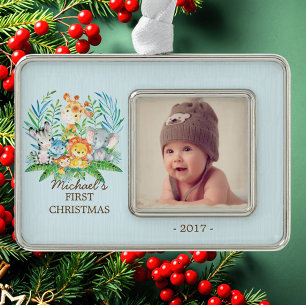 Oerwoud jongens Eerste Kerstfeest Foto van Baby Verzilverd Kader Ornament