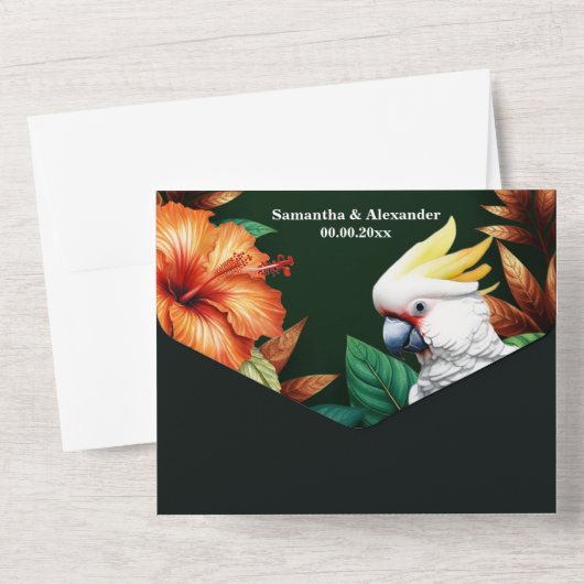 Oerwoud kaketoe papegaai hibiscus monstera blad all in one uitnodiging (Achterkant)