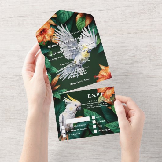 Oerwoud kaketoe papegaai hibiscus monstera blad all in one uitnodiging (Afscheurbaar)