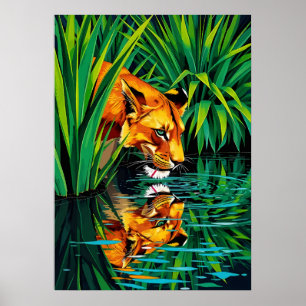 Oerwoud leeuwin reflectie – levendige waterkunst poster