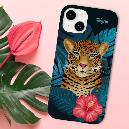  Oerwoud Leopard Floral Art | Blauw | Naam Case-Mate iPhone Case