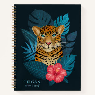 Oerwoud Leopard Floral Art Blauw Naam Notitieboek