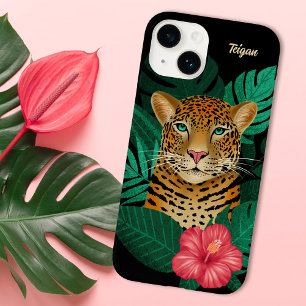  Oerwoud Leopard Floral Art   Zwart   Naam Case-Mate iPhone 14 Hoesje