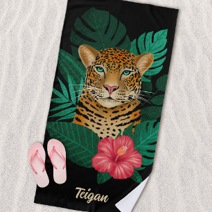 Oerwoud Leopard Floral Art Zwart Naam Strandlaken