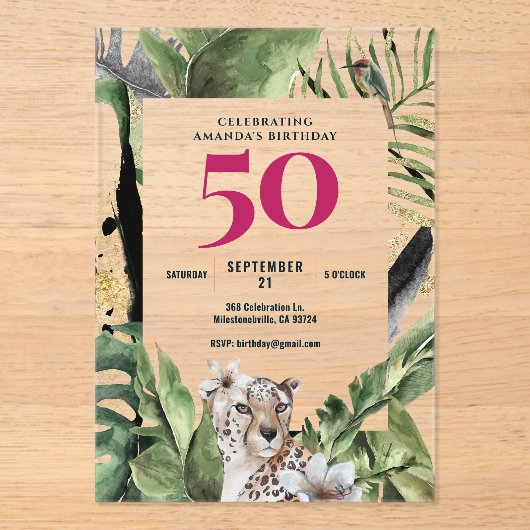 Oerwoud Leopard Roze 50ste Verjaardagsfeest Acryl Uitnodigingen (Voorkant)