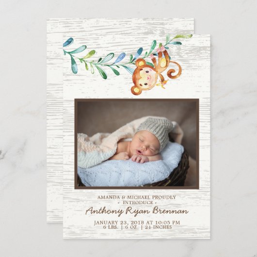 Oerwoud Little Monkey Photo Birth Announounding Aankondiging (Voorkant / Achterkant)