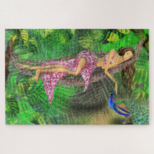 Oerwoud meisje en pacock - kunstschilderij Fantasy Legpuzzel