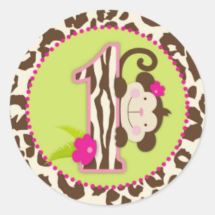 Oerwoud Monkey First Birthday Cupcake Topper Roze Ronde Sticker