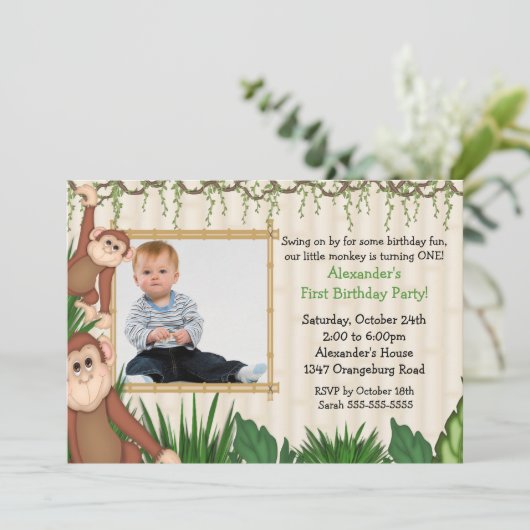 Oerwoud Monkey Foto Birthday Uitnodiging (Staand voorkant)