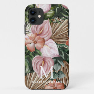 Oerwoud palmbladeren regenwoud bloemen roze groen iPhone 11 hoesje